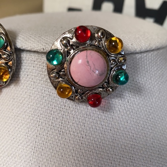 Silvertone statement multi colored Cabochon earrings - Picture 3 of 5